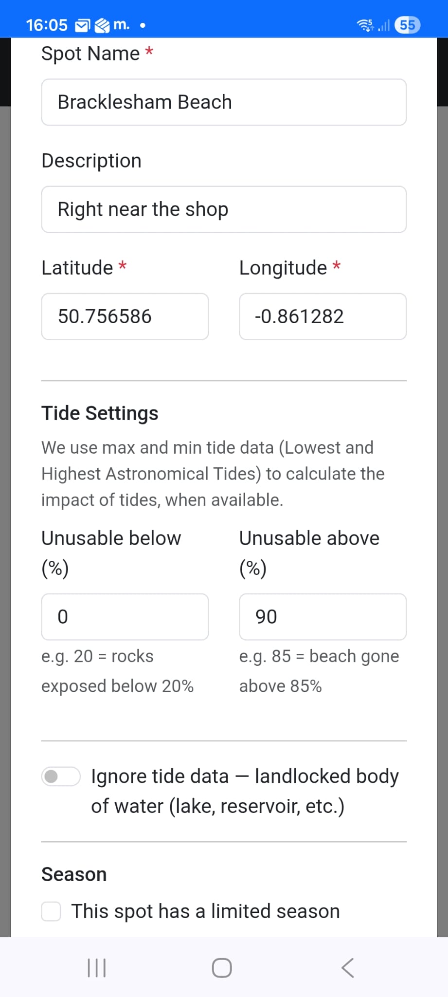 Setting tide, season and wind preferences for a new spot