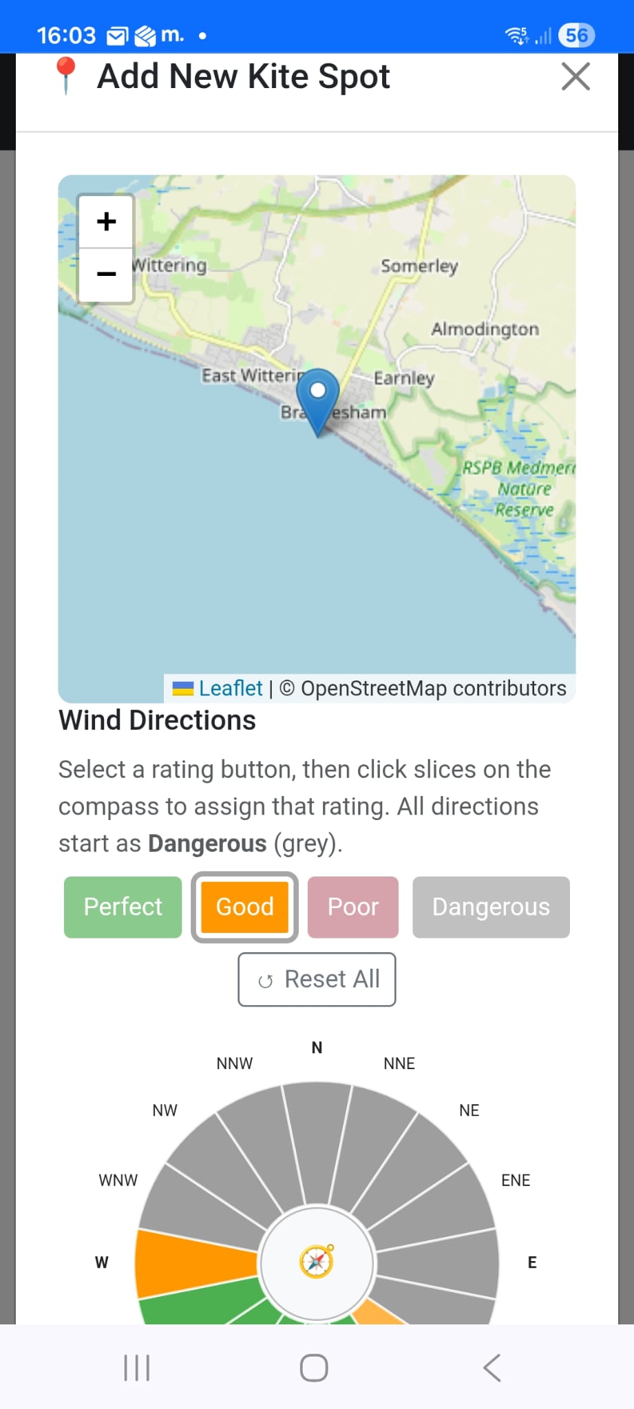 Adding a new kite spot with map and wind direction compass