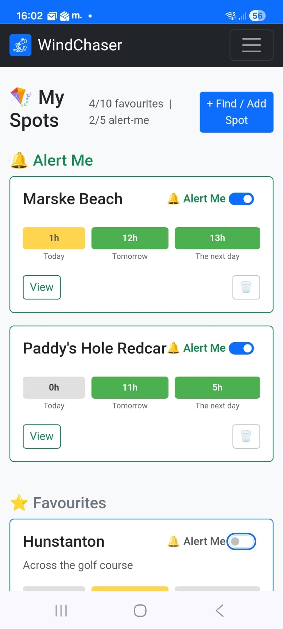 My Spots dashboard showing good hours per day