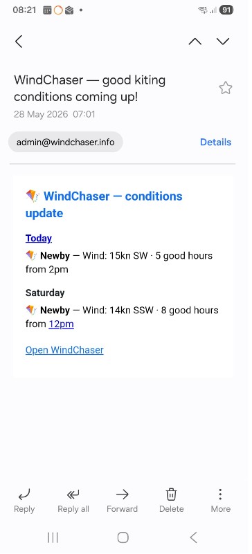 WindChaser alert email showing good kiting conditions