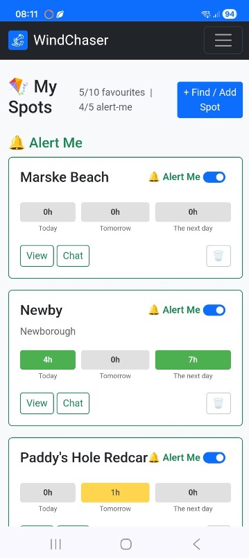 My Spots dashboard showing hours of good conditions