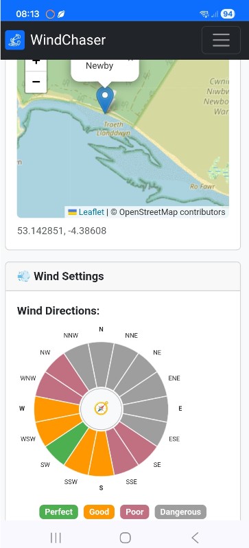 Wind direction compass and spot location map