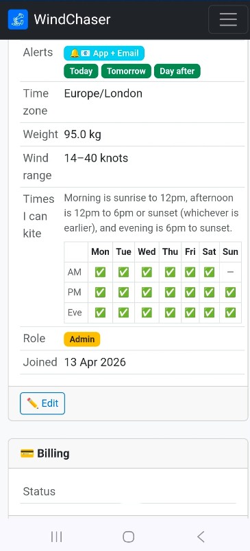 User profile with weight, wind range and availability settings
