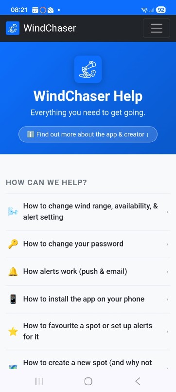 WindChaser in-app help page